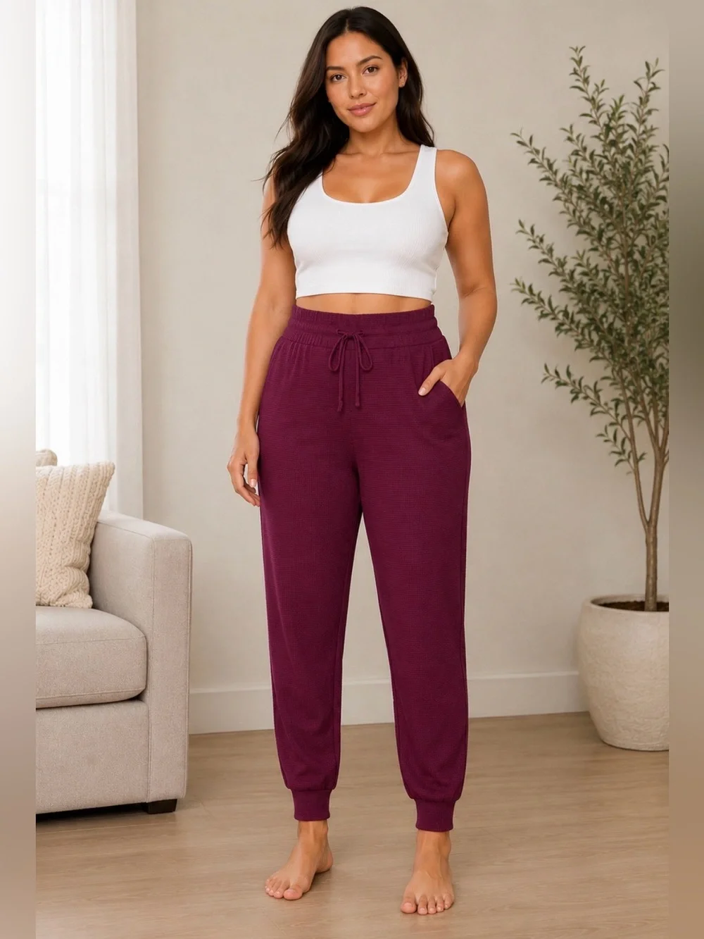 Victoria’s Secret Waffle Knit Lounge Jogger Pants Burgundy High Rise Size Large